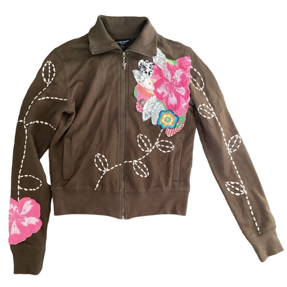 Guess Vintage Brown Floral High Neck Full Zip Sweater